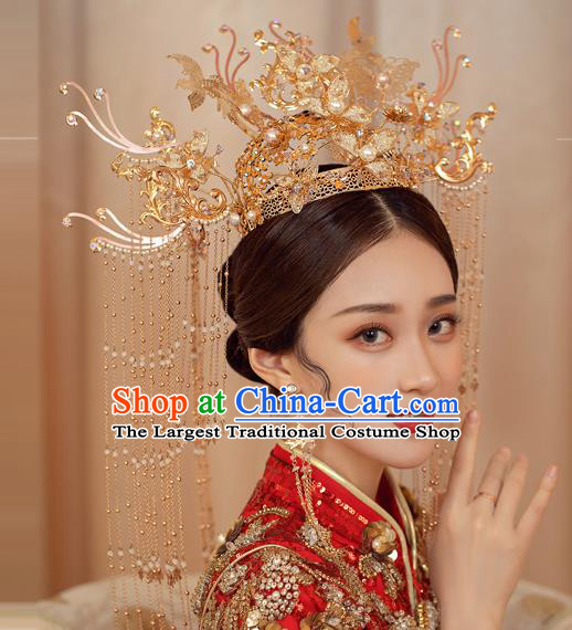 Traditional Chinese Handmade Golden Butterfly Chaplet Hairpins Ancient Bride Hair Accessories for Women