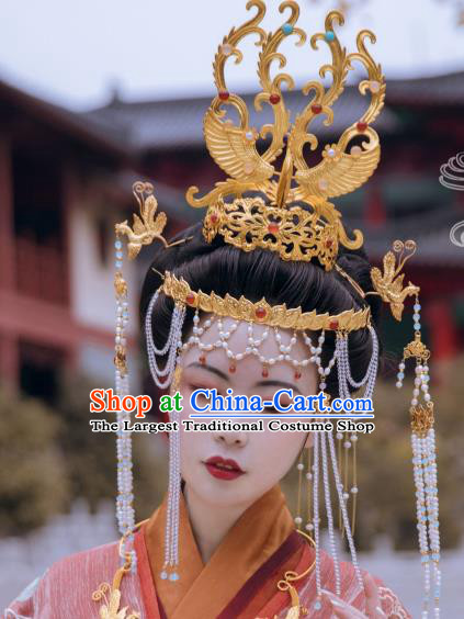 Traditional Chinese Tang Dynasty Empress Golden Phoenix Coronet Hairpins Handmade Ancient Queen Hair Accessories for Women