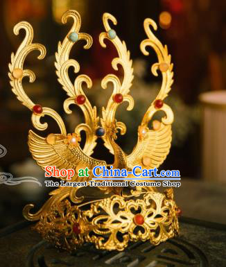 Traditional Chinese Tang Dynasty Empress Golden Phoenix Coronet Hairpins Handmade Ancient Queen Hair Accessories for Women