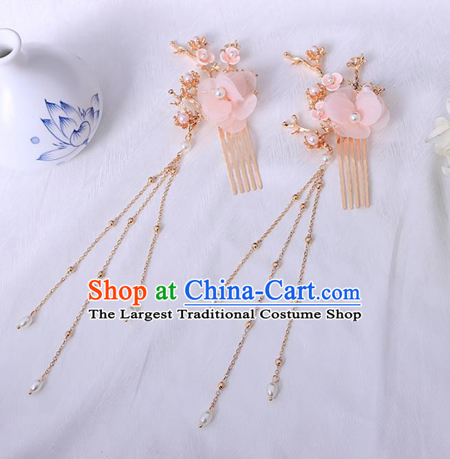 Chinese Traditional Ming Dynasty Pink Flower Hair Combs Hairpins Handmade Ancient Princess Hair Accessories for Women