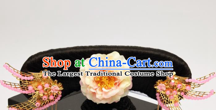 Traditional Chinese Qing Dynasty Imperial Consort Wigs and Pink Phoenix Hairpins Ancient Court Lady Hair Accessories for Women