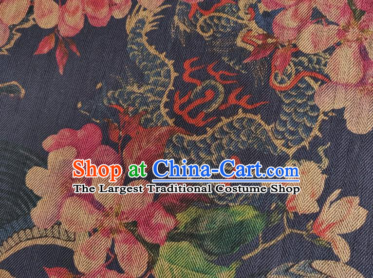 Chinese Traditional Dragon Phoenix Pattern Navy Silk Fabric Mulberry Silk Fabric Hanfu Dress Material