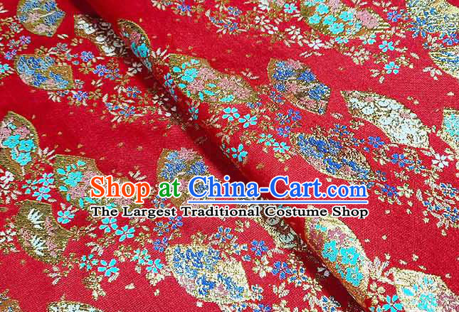 Japanese Traditional Sakura Fan Pattern Kimono Red Brocade Fabric Tapestry Satin Fabric Nishijin Material