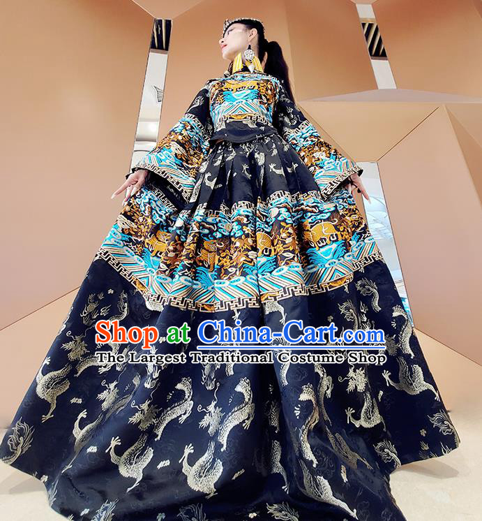 Chinese Traditional National Embroidered Navy Dress Tang Suit Clothing for Women