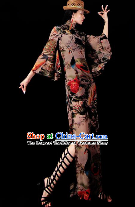 Chinese Traditional National Printing Peacock Brown Qipao Dress Tang Suit Cheongsam Costume for Women