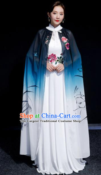 Chinese National Classical Dance Embroidered White Qipao Dress Traditional Compere Cheongsam Costume for Women