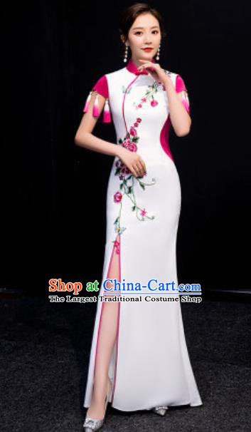 Chinese National Embroidered Rosy Tassel Qipao Dress Traditional Compere Cheongsam Costume for Women