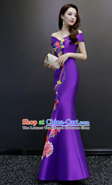 Top Compere Embroidered Purple Flat Shoulder Full Dress Evening Party Costume for Women
