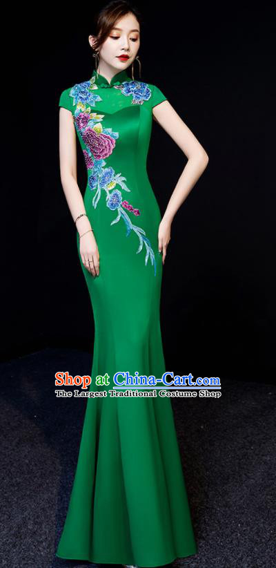 Chinese National Embroidered Peony Green Qipao Dress Traditional Compere Cheongsam Costume for Women