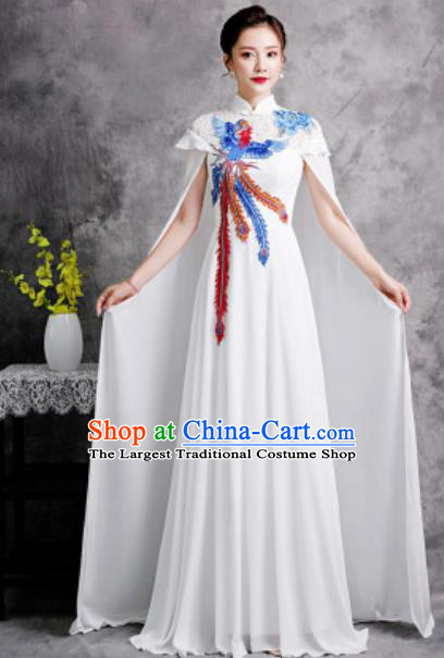 Chinese Compere Embroidered Phoenix White Trailing Full Dress Traditional National Cheongsam Costume for Women