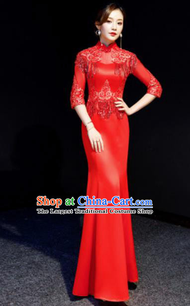 Chinese Compere Red Tassel Full Dress Traditional National Cheongsam Chorus Costume for Women