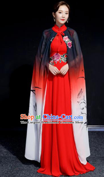 Chinese National Classical Dance Embroidered Red Qipao Dress Traditional Compere Cheongsam Costume for Women