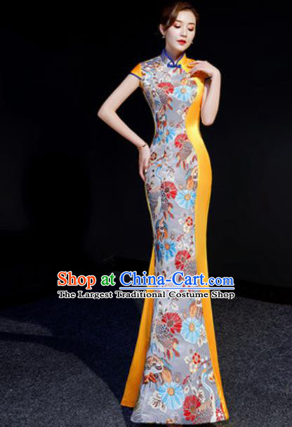 Chinese Chorus Golden Mermaid Qipao Dress Traditional National Compere Cheongsam Costume for Women