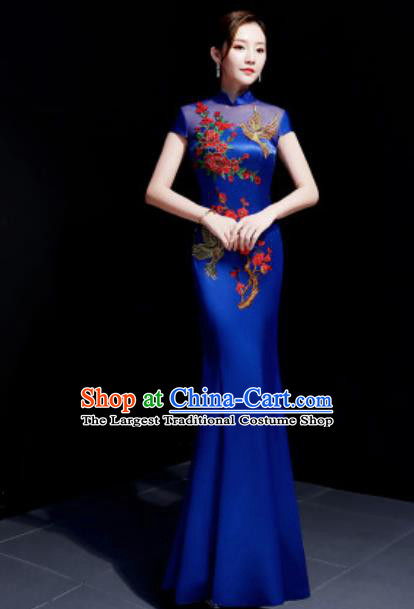 Chinese Traditional Embroidered Peony Royalblue Qipao Dress Compere Cheongsam Costume for Women