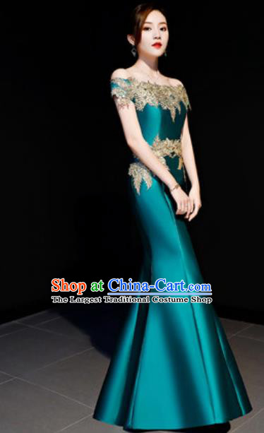 Top Compere Catwalks Embroidered Green Full Dress Evening Party Costume for Women