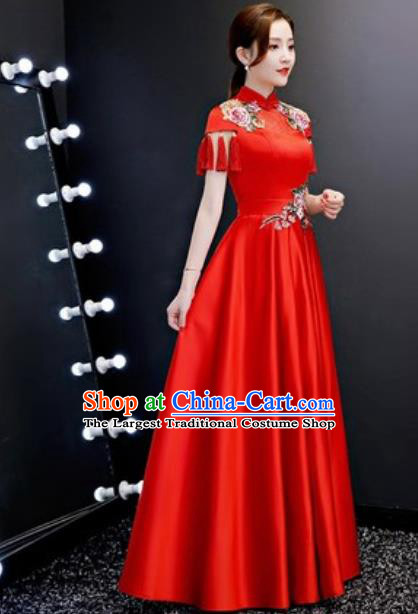 Top Compere Catwalks Embroidered Peony Red Full Dress Evening Party Costume for Women