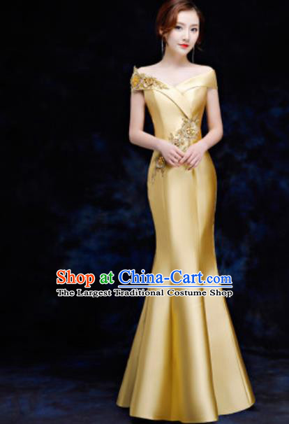 Top Compere Catwalks Embroidered Golden Full Dress Evening Party Compere Costume for Women