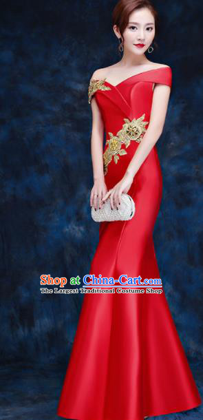 Top Compere Catwalks Embroidered Red Full Dress Evening Party Compere Costume for Women