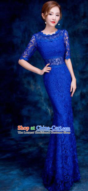Top Compere Catwalks Royalblue Lace Full Dress Evening Party Compere Costume for Women