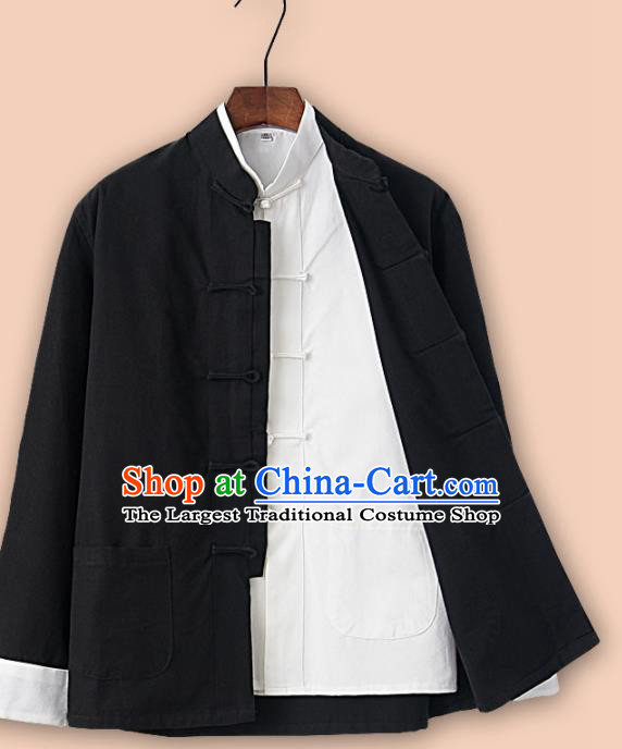 Chinese National Tang Suit Black Linen Jacket and Shirt Traditional Martial Arts Costumes for Men