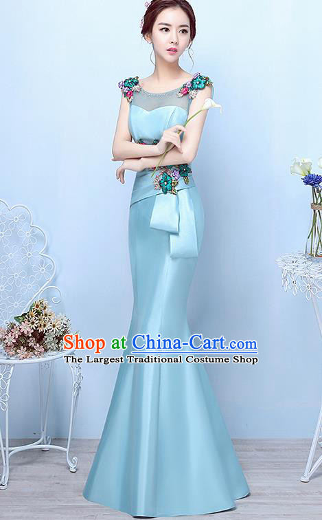 Top Compere Catwalks Light Blue Satin Full Dress Evening Party Compere Costume for Women