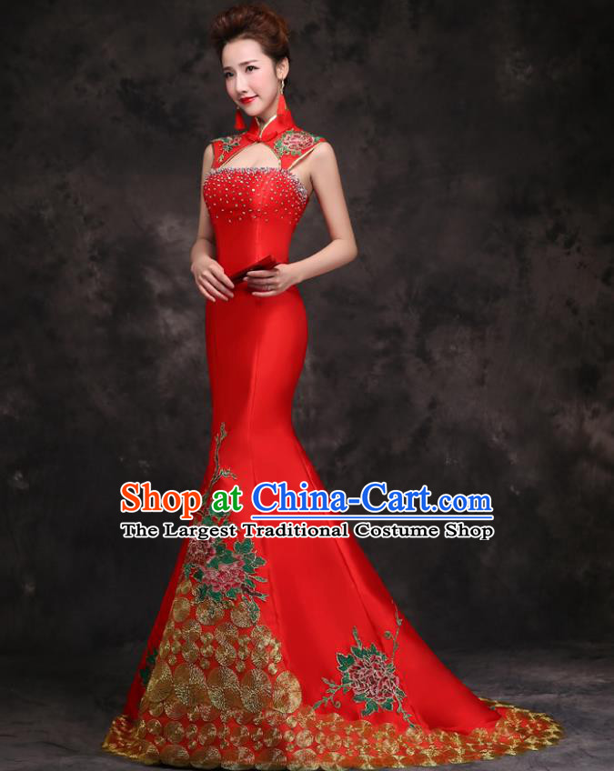 Chinese Traditional Embroidered Peony Diamante Red Qipao Dress Compere Cheongsam Costume for Women