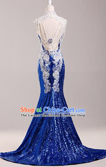 Top Compere Catwalks Royalblue Diamante Sequins Full Dress Evening Party Compere Costume for Women