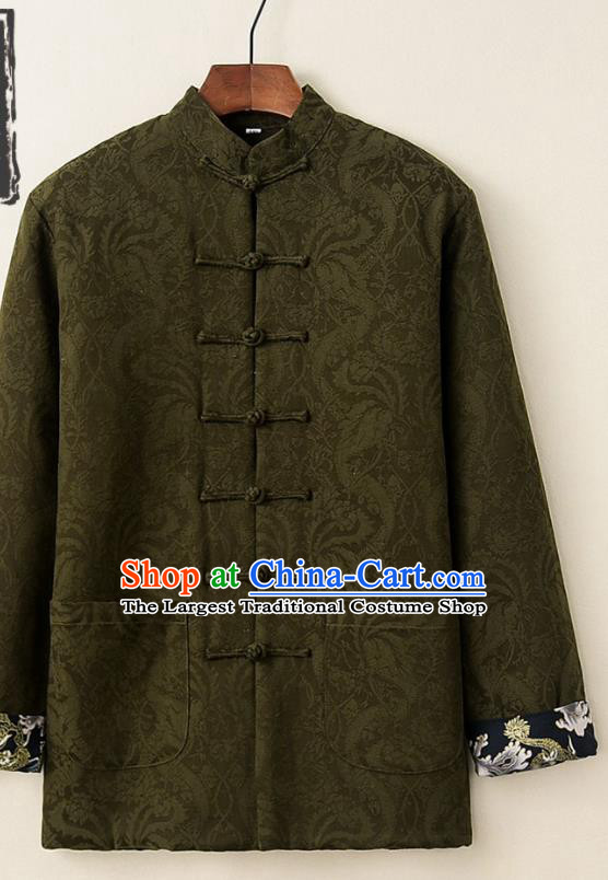 Chinese National Tang Suit Olive Green Thicken Jacket Traditional Martial Arts Costumes for Men