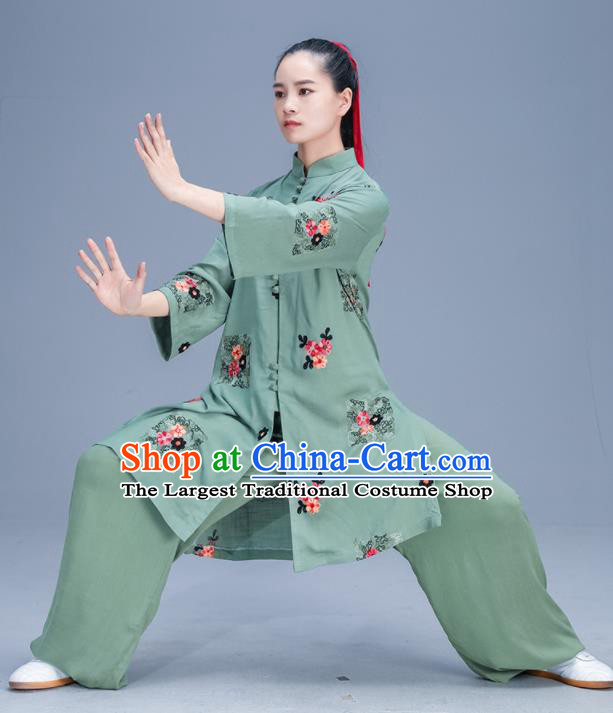 Chinese Traditional Kung Fu Tai Chi Training Printing Green Garment Outfits Martial Arts Stage Show Costumes for Women