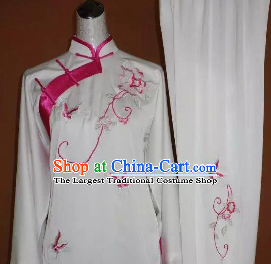 Chinese Tai Chi Embroidered Pink Butterfly Peony Garment Outfits Traditional Kung Fu Martial Arts Training Costumes for Women