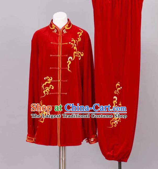 Chinese Tai Chi Red Velvet Garment Outfits Traditional Kung Fu Martial Arts Training Costumes for Adult