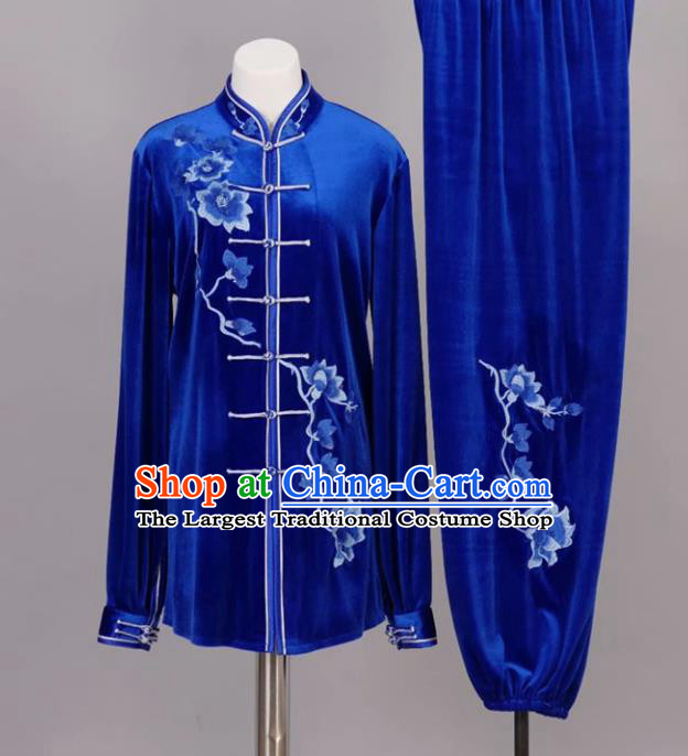 Chinese Tai Chi Embroidered Magnolia Royalblue Velvet Garment Outfits Traditional Kung Fu Martial Arts Training Costumes for Adult