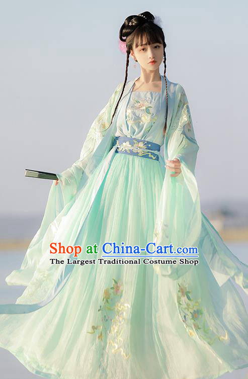 Traditional Chinese Tang Dynasty Patrician Lady Green Hanfu Dress Ancient Royal Princess Embroidered Costumes for Women