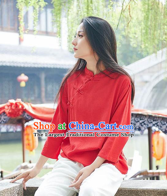 Chinese Tang Suit Red Flax Slant Opening Blouse Traditional Tai Chi Costume for Women