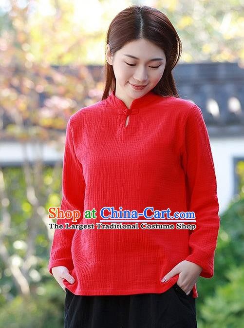 Chinese Tang Suit Upper Outer Garment Red Shirt Traditional Tai Chi Costume for Women