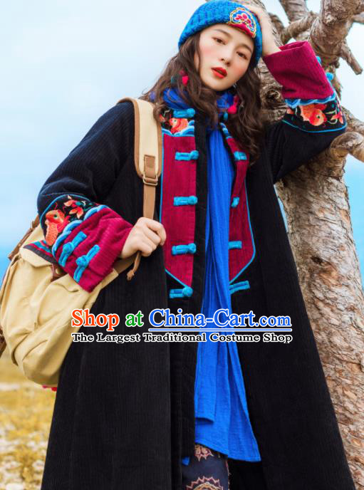 Chinese Traditional Winter Embroidered Black Dust Coat National Tang Suit Overcoat Costumes for Women