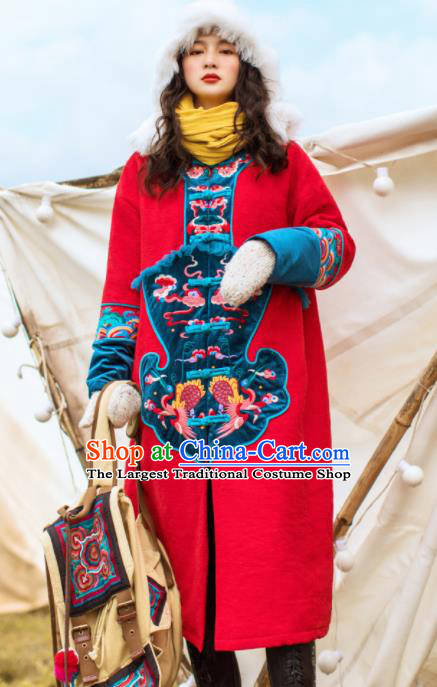 Chinese Traditional Winter Embroidered Phoenix Red Dust Coat National Tang Suit Overcoat Costumes for Women