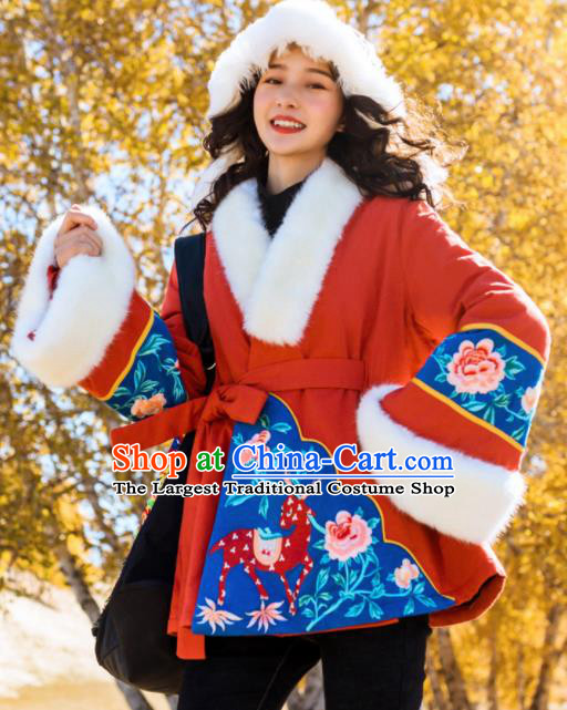Chinese Traditional Embroidered Red Jacket National Tang Suit Overcoat Costumes for Women