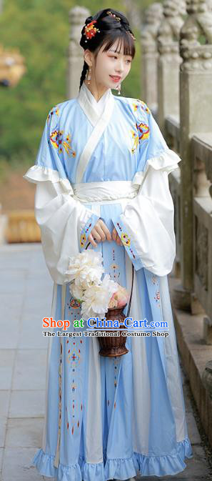 Traditional Chinese Jin Dynasty Patrician Lady Historical Costumes Ancient Wealthy Girl Blue Hanfu Dress for Women