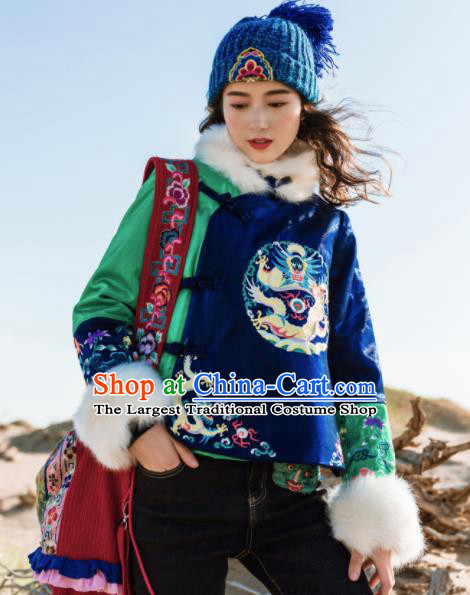 Chinese Traditional Winter Embroidered Blue Cotton Padded Jacket National Tang Suit Overcoat Costumes for Women