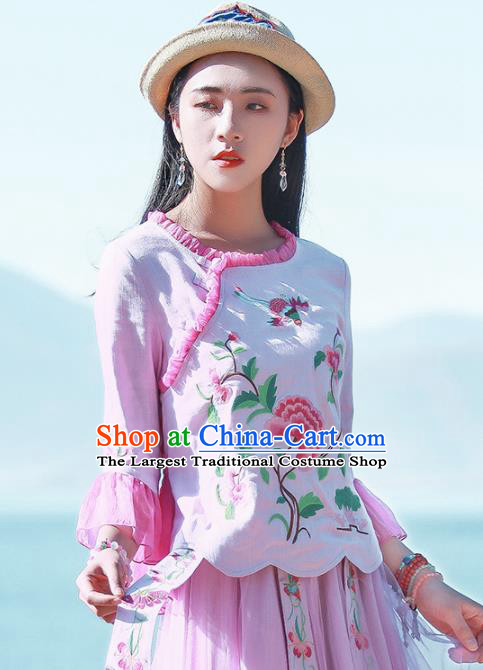 Chinese Traditional Embroidered Peony Pink Shirt National Upper Outer Garment Tang Suit Costume for Women