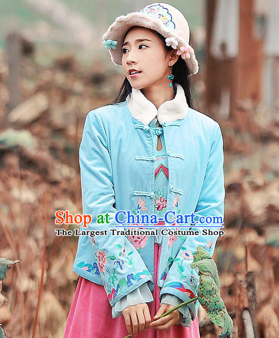 Chinese Traditional Winter Embroidered Blue Cotton Padded Jacket National Tang Suit Overcoat Costumes for Women