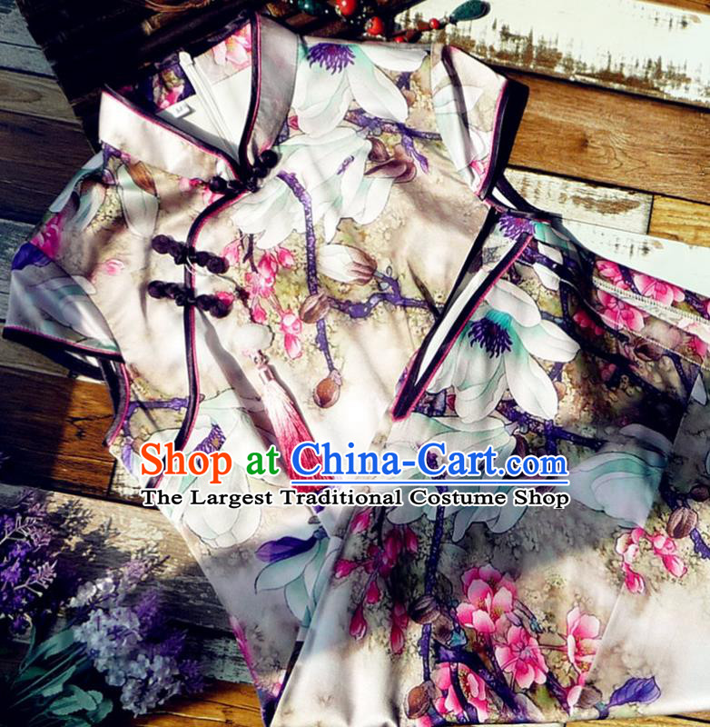 Chinese Traditional Printing Magnolia Silk Qipao Dress National Tang Suit Cheongsam Costumes for Women