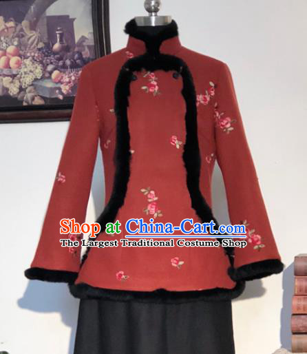 Chinese Traditional Winter Rust Red Woolen Coat National Tang Suit Overcoat Costumes for Women