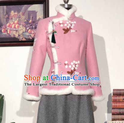 Chinese Traditional Winter Pink Woolen Coat National Tang Suit Overcoat Costumes for Women
