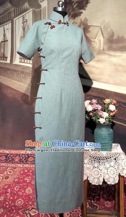 Chinese Traditional Green Flax Qipao Dress National Tang Suit Cheongsam Costumes for Women