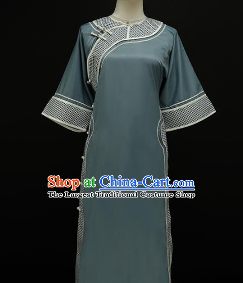 Chinese Traditional Plated Buttons Blue Qipao Dress National Tang Suit Cheongsam Costumes for Women