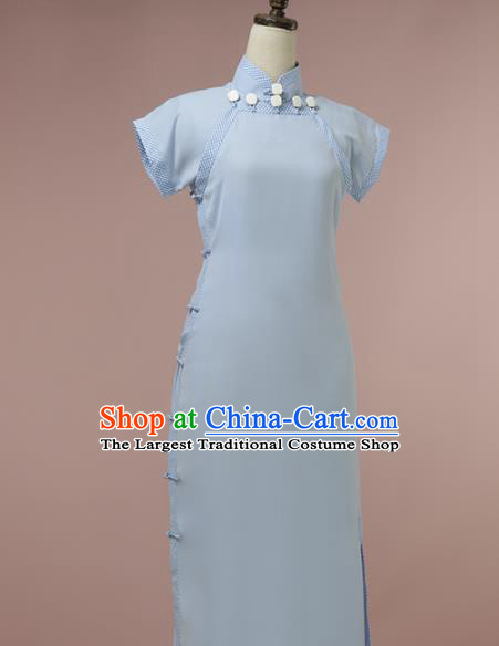 Chinese Traditional Light Blue Long Qipao Dress National Tang Suit Cheongsam Costumes for Women
