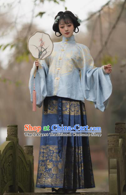 Chinese Traditional Ming Dynasty Princess Blue Dress Ancient Court Lady Historical Costumes for Women