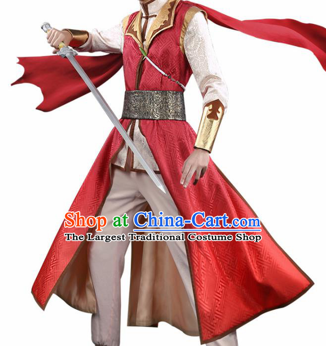 Chinese Traditional Cosplay Knight Red Clothing Ancient Swordsman Costumes for Men